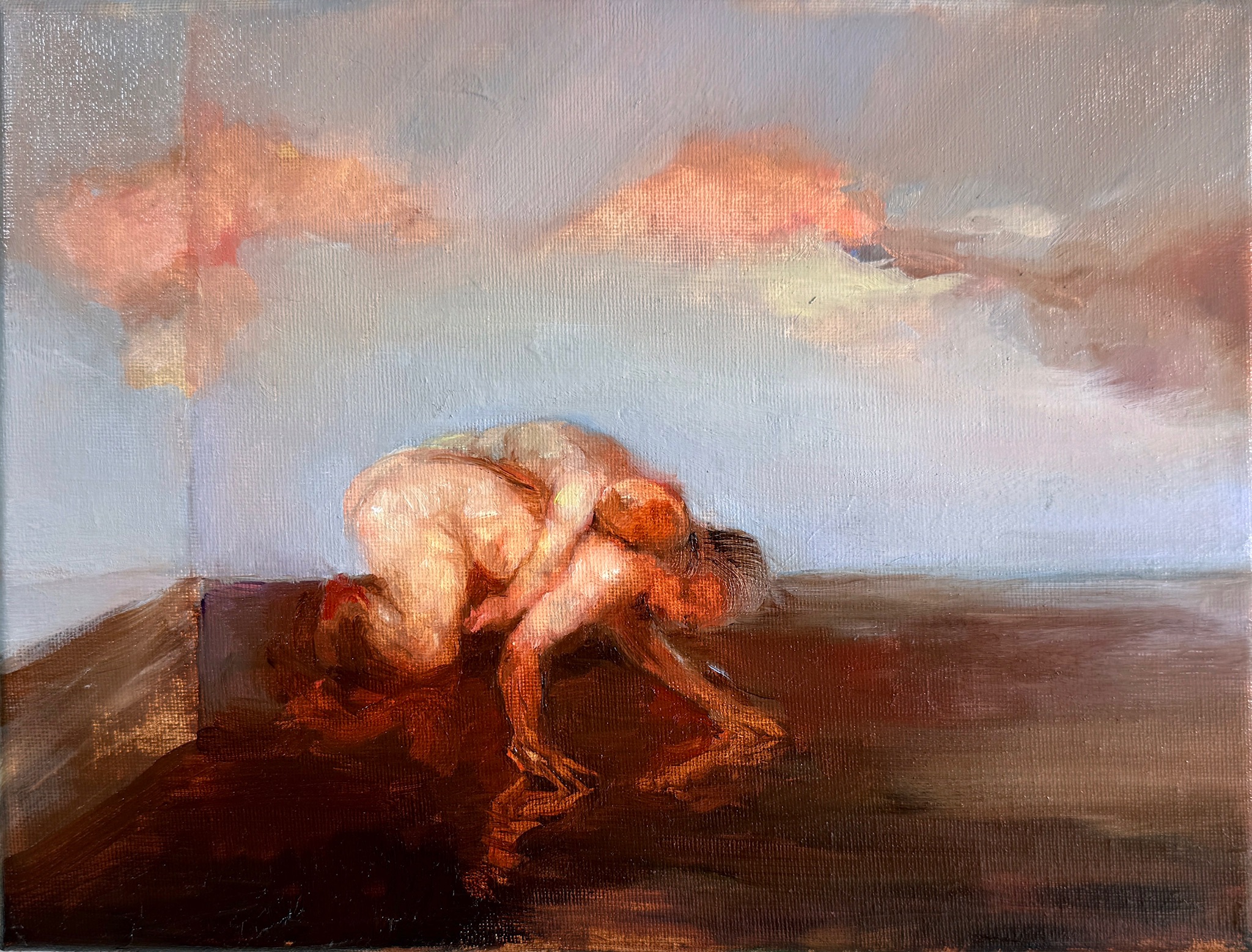 Painting by Emeli Theander showing a crouched figure on dark ground beneath soft clouds and red plant forms.
