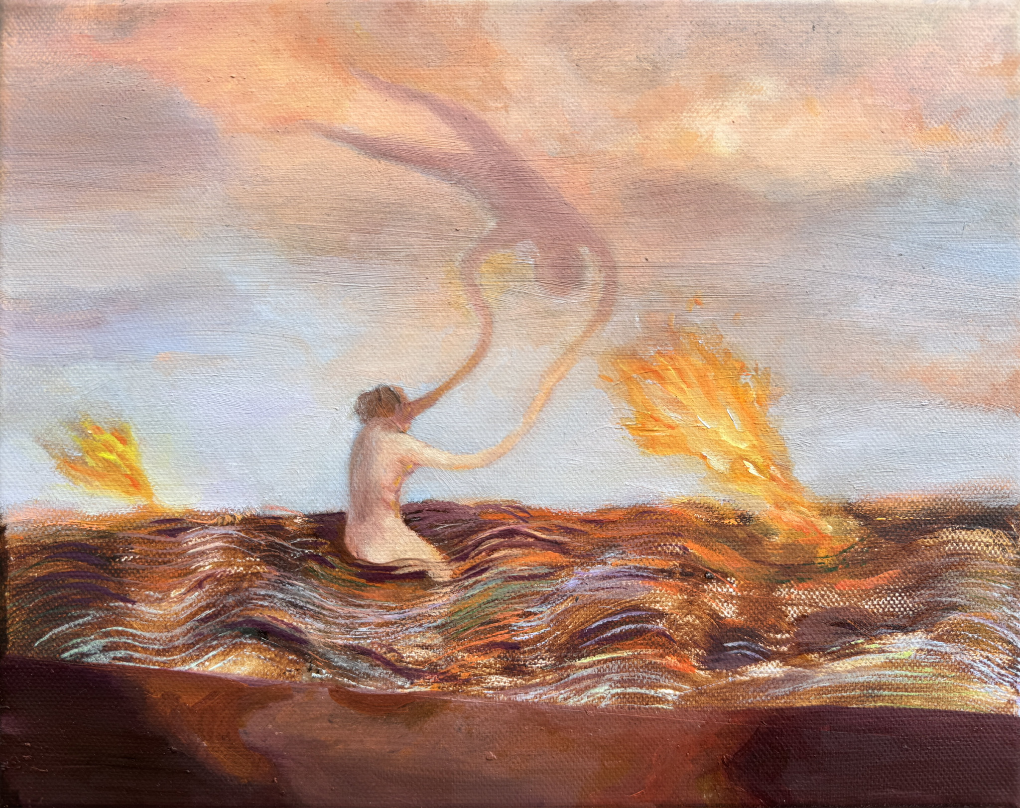 Painting by Emeli Theander showing a small figure between two flames in a wave-like landscape.