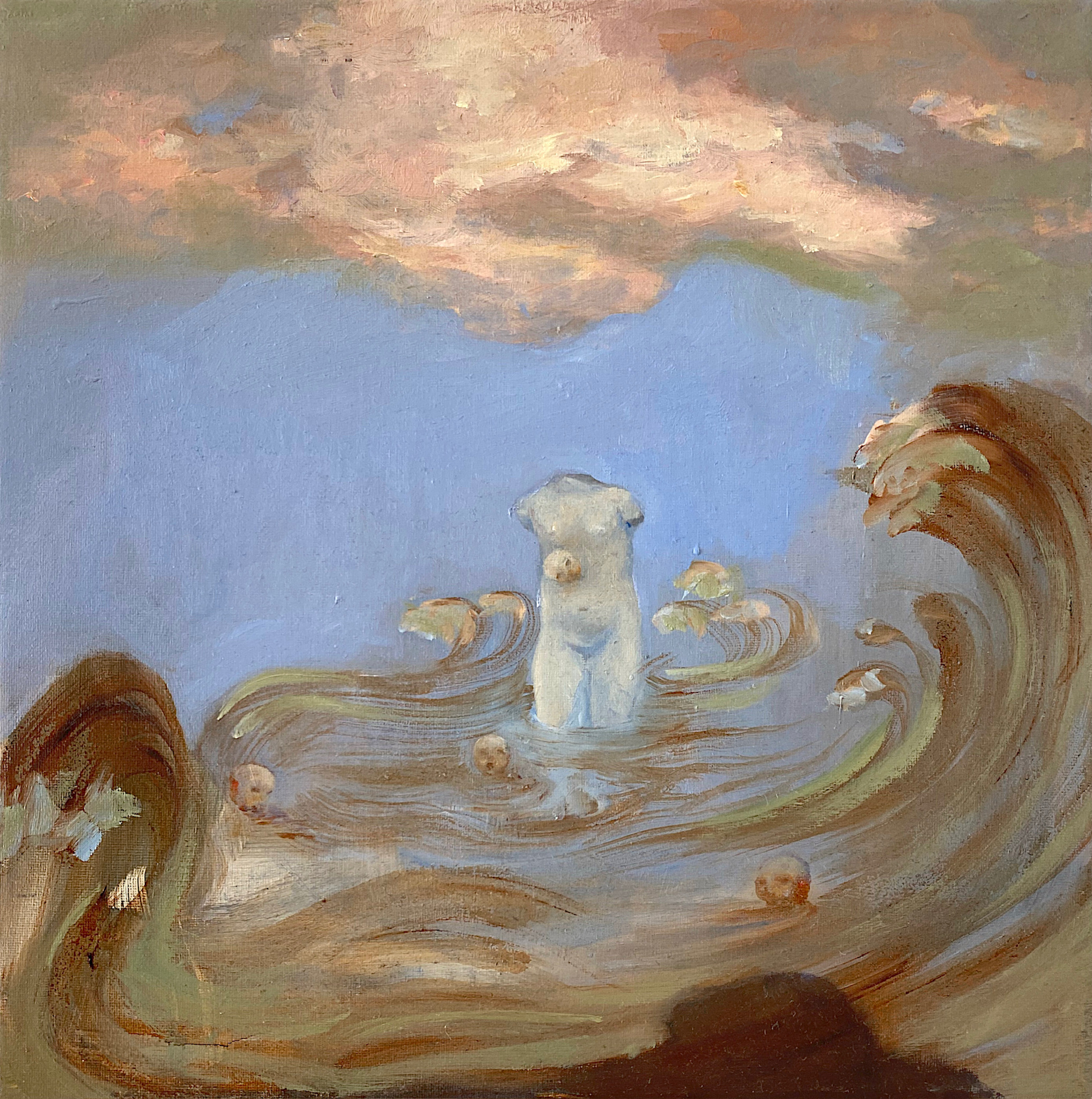 Painting by Emeli Theander showing a pale torso emerging from curling waves beneath a clouded sky.