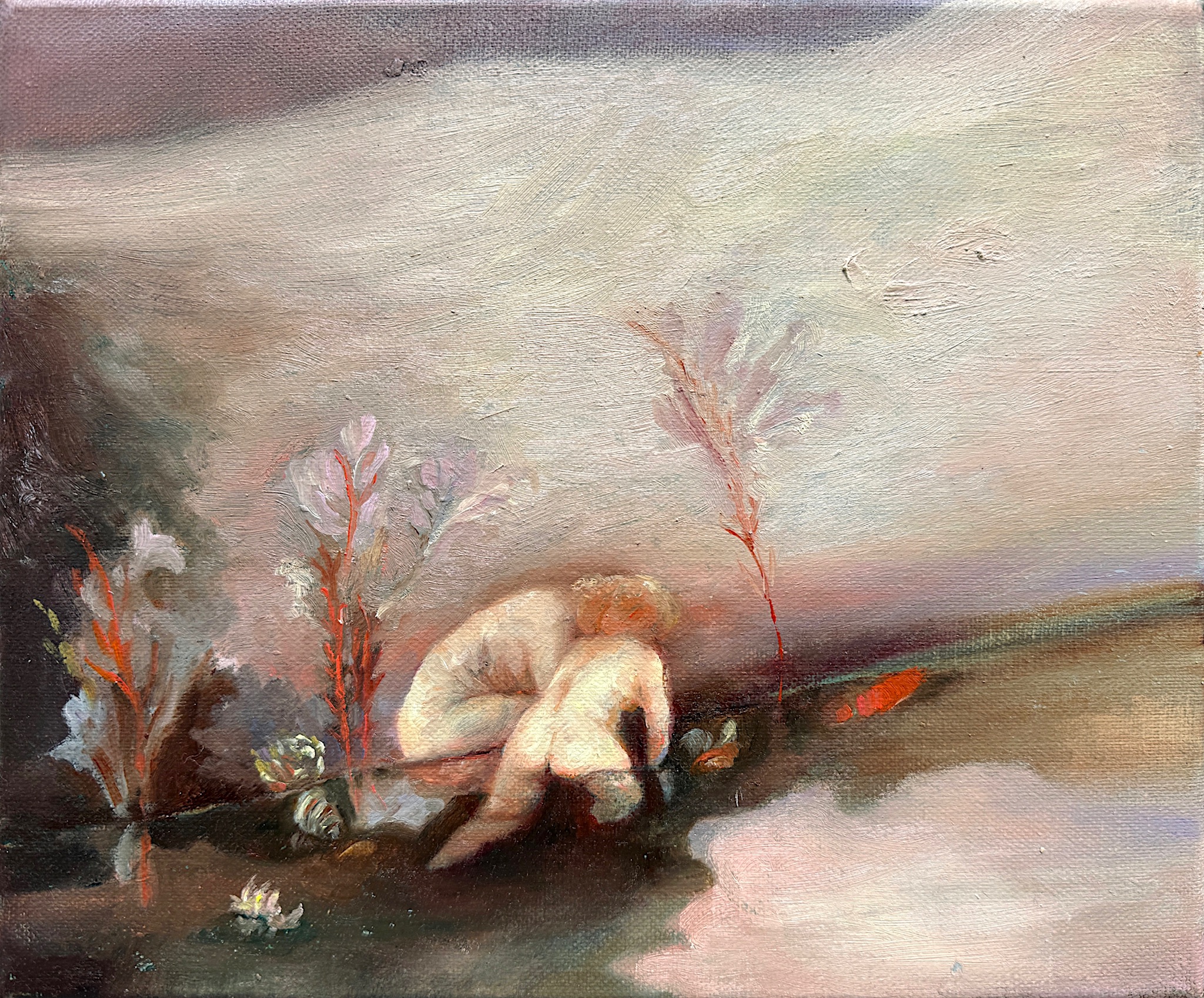 Painting by Emeli Theander showing a figure from behind with a pale hand-like form on the back.