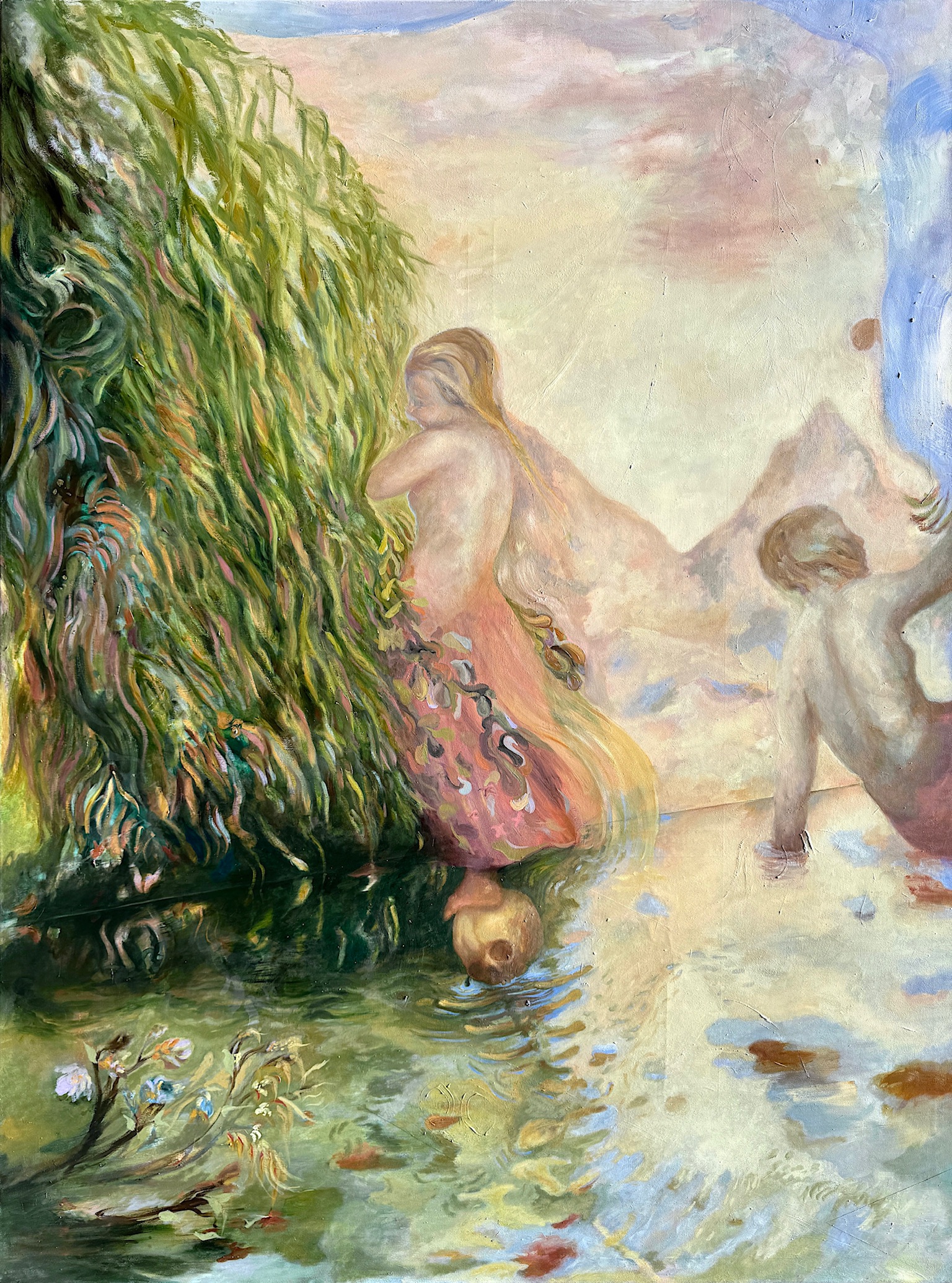 Large painting by Emeli Theander showing a mother and child with dark mythic animal-like forms.