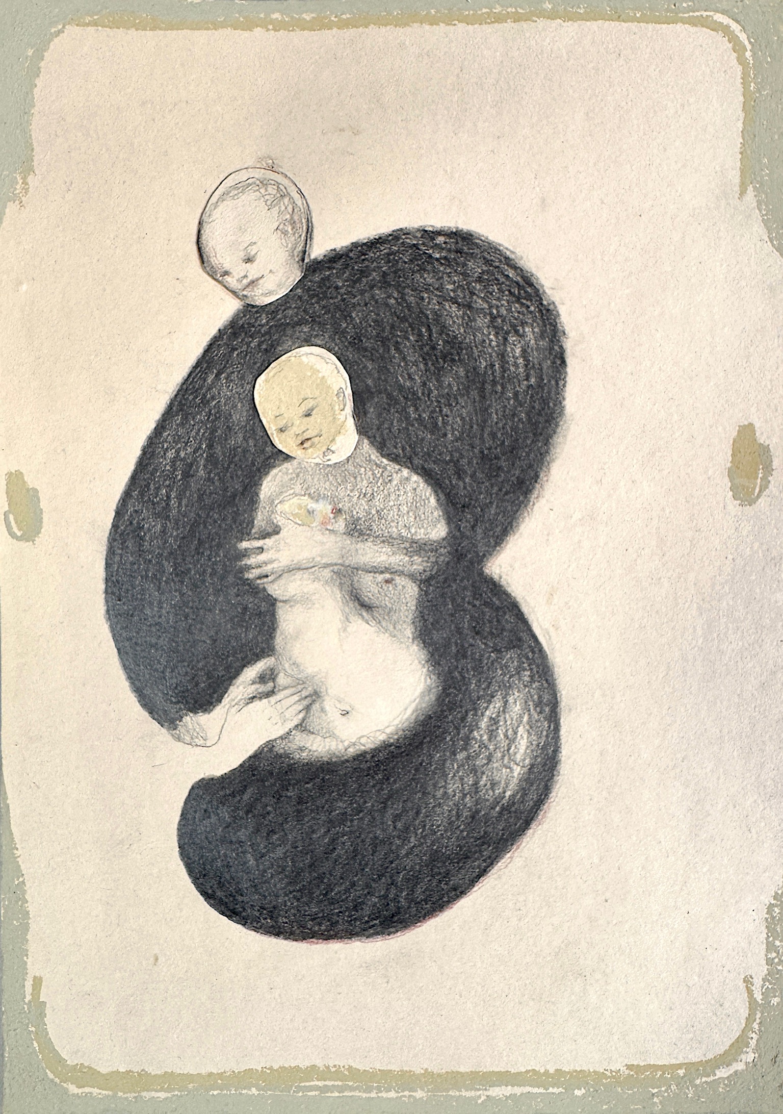 Work on paper by Emeli Theander showing a curled figure held within a large dark form.