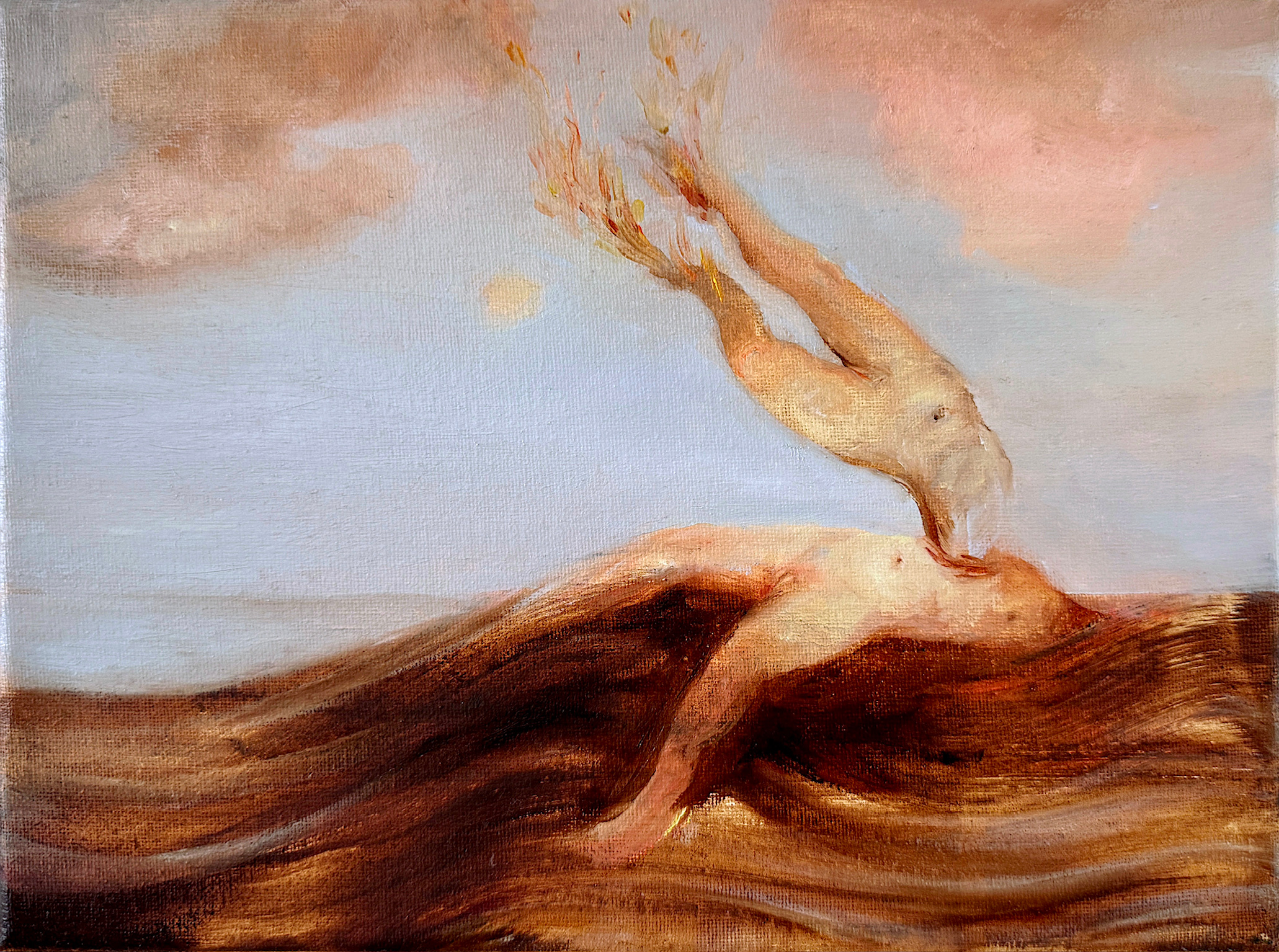 Painting by Emeli Theander showing a figure partly submerged in waves with a bird-like form overhead.