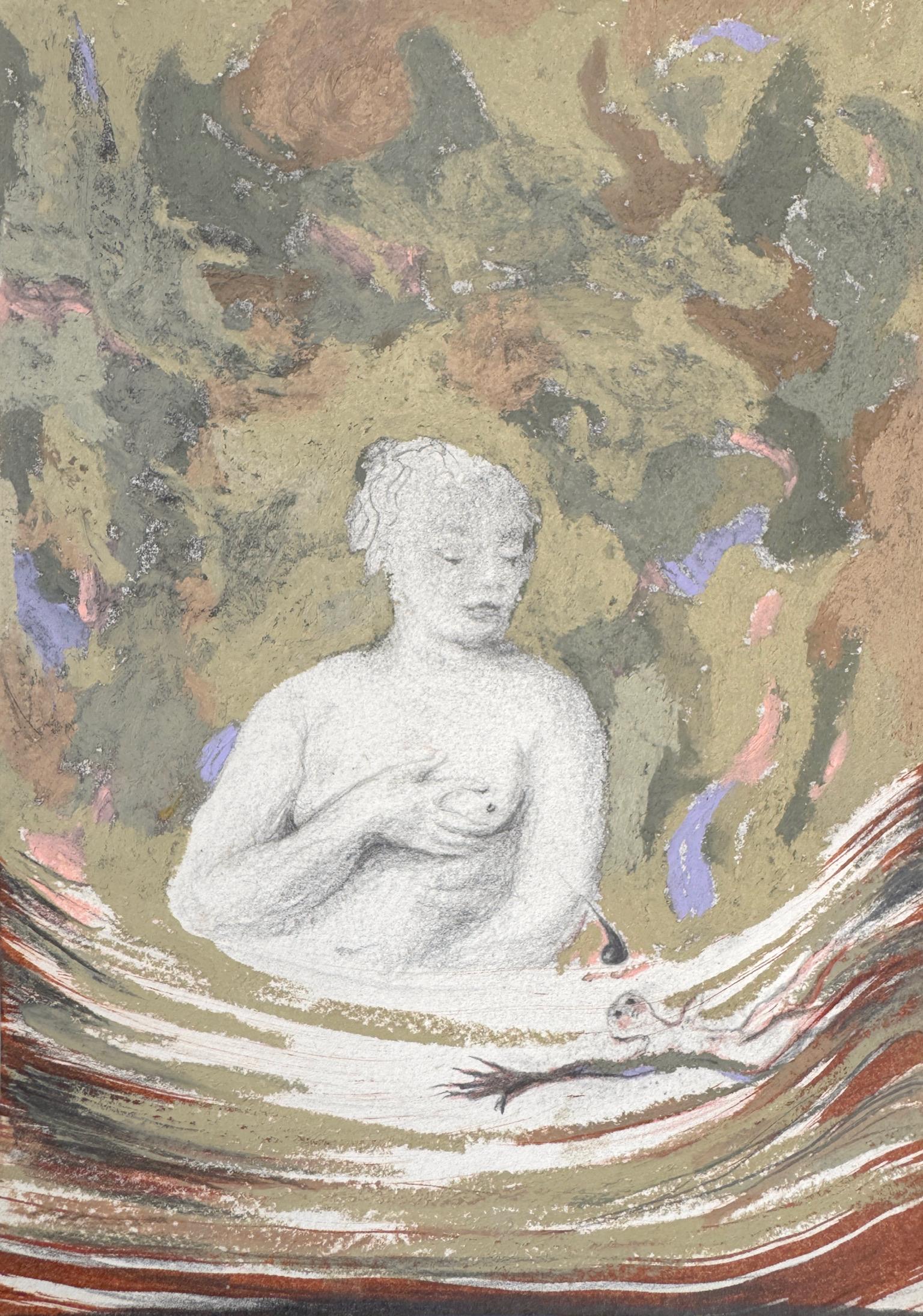 Work on paper by Emeli Theander showing a pale figure surrounded by waves, plants and muted pastel forms.