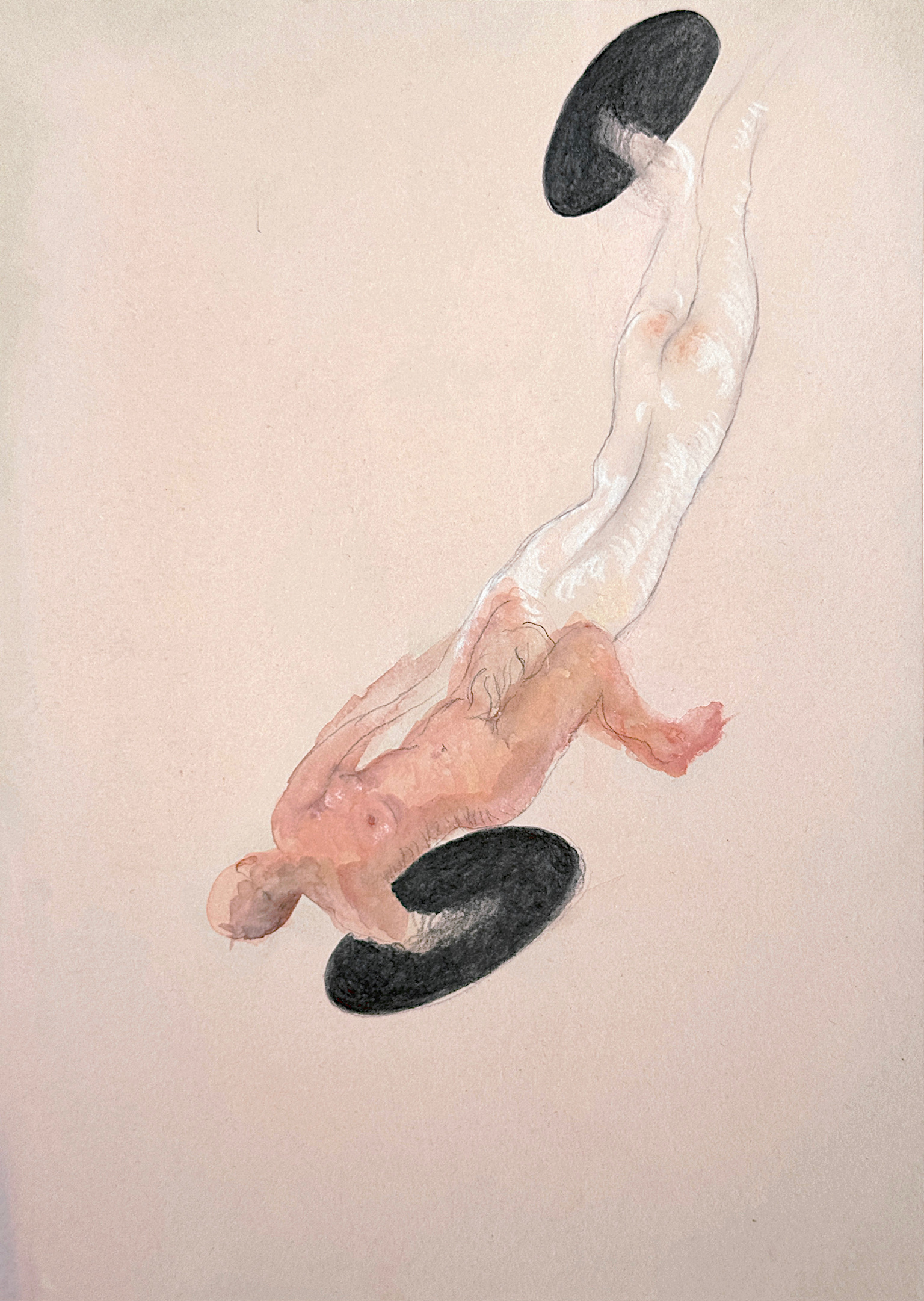 Work on paper by Emeli Theander showing two floating figures with dark oval forms on a pale pink background.
