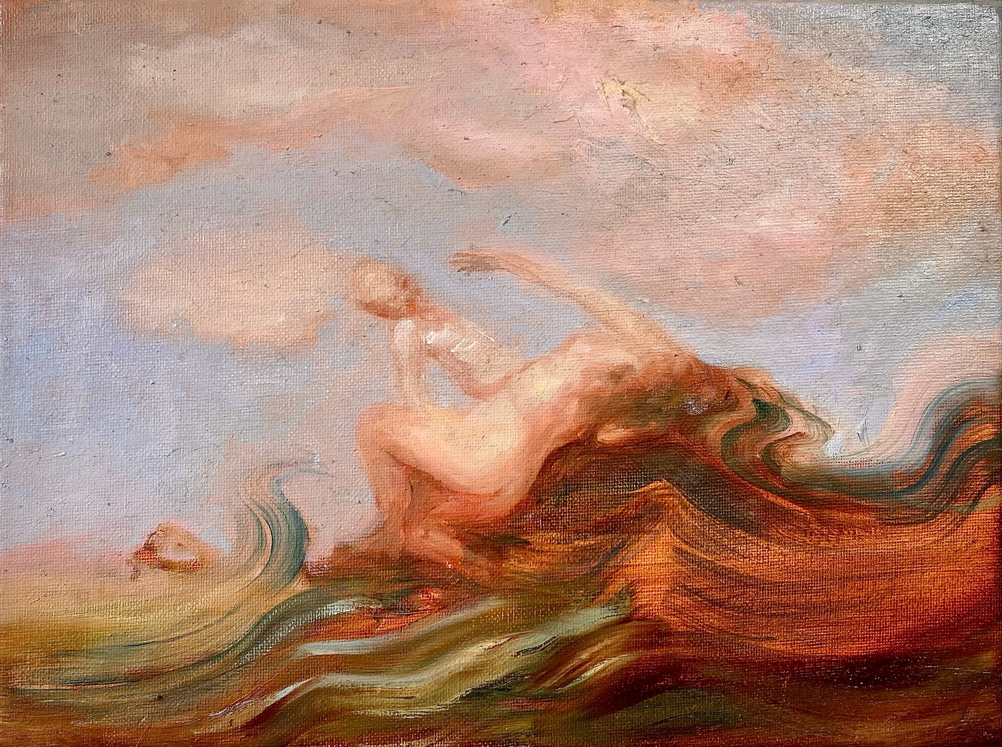 Painting by Emeli Theander showing a reclining figure in reddish waves beneath a soft pink and blue sky.
