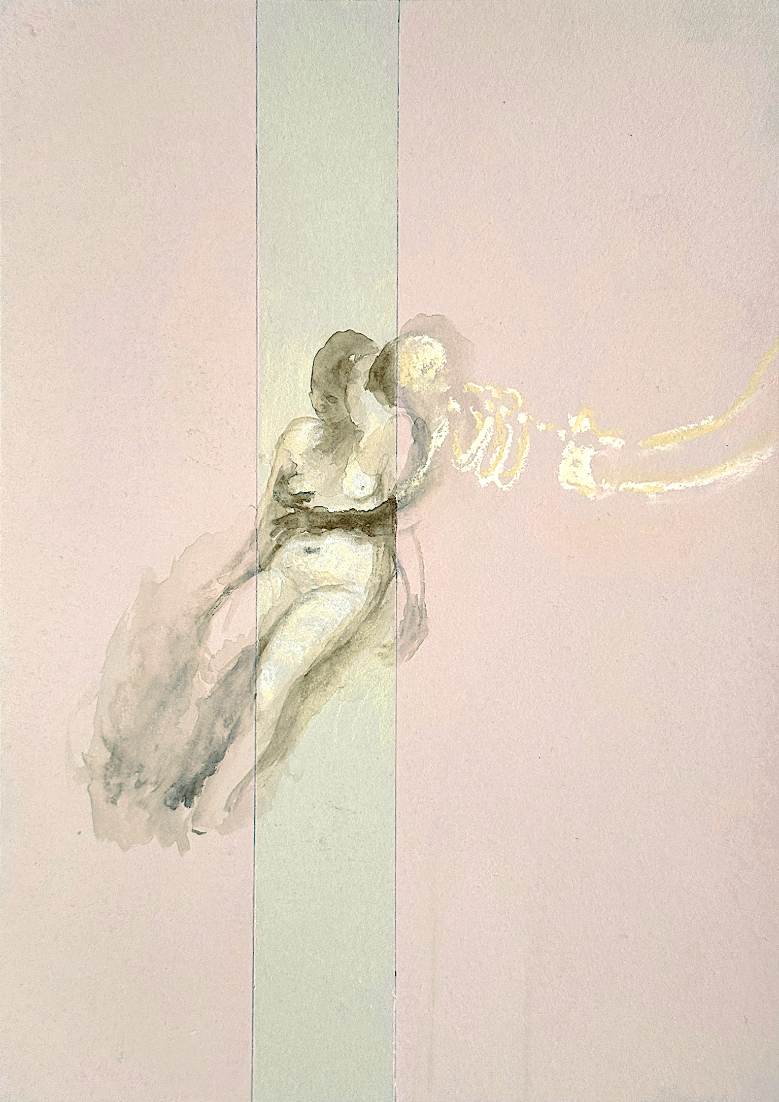 Work on paper by Emeli Theander showing a pale figure holding a skull beside a skeletal form on a soft pink background.