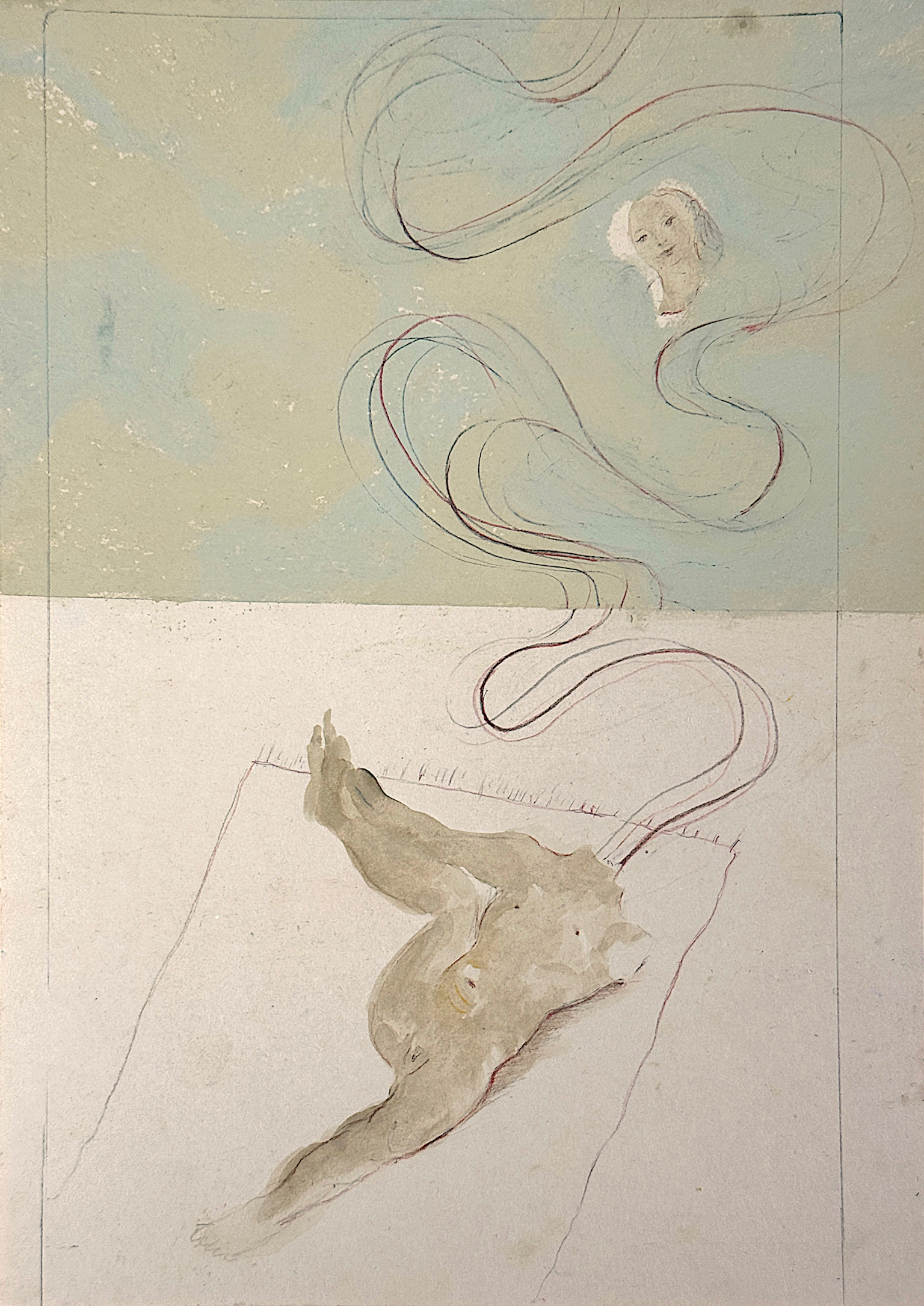 Work on paper by Emeli Theander showing a reclining headless figure with long flowing line work and a small floating face.