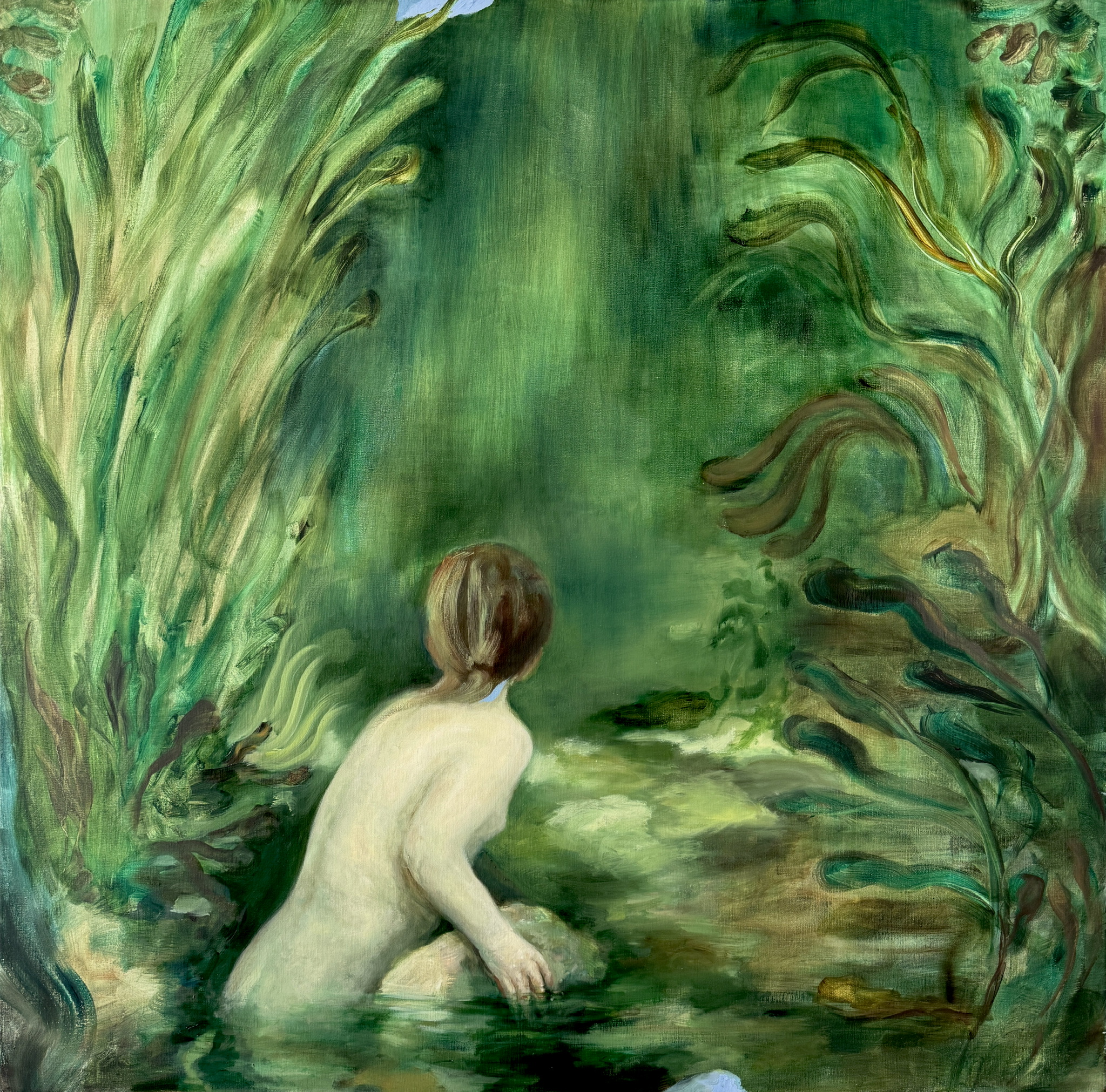 Painting by Emeli Theander showing a nude figure from behind in a green watery landscape.