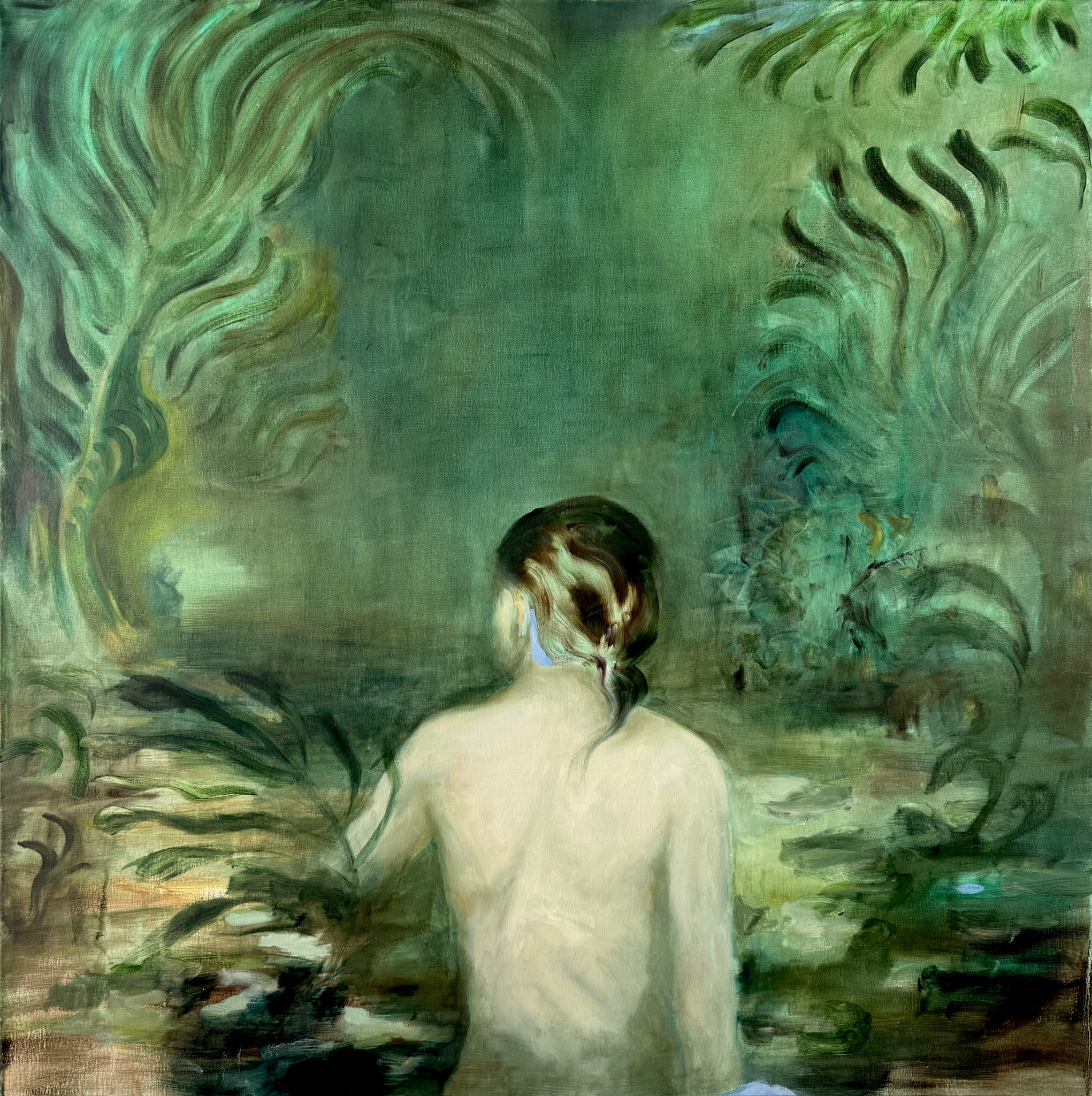 Painting by Emeli Theander showing a figure from behind in a dark green watery landscape.