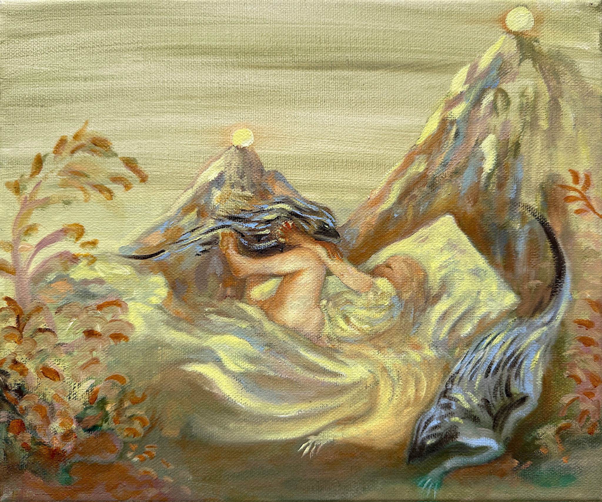 Painting by Emeli Theander showing a small figure lying among pale yellow waves and mountain-like forms.