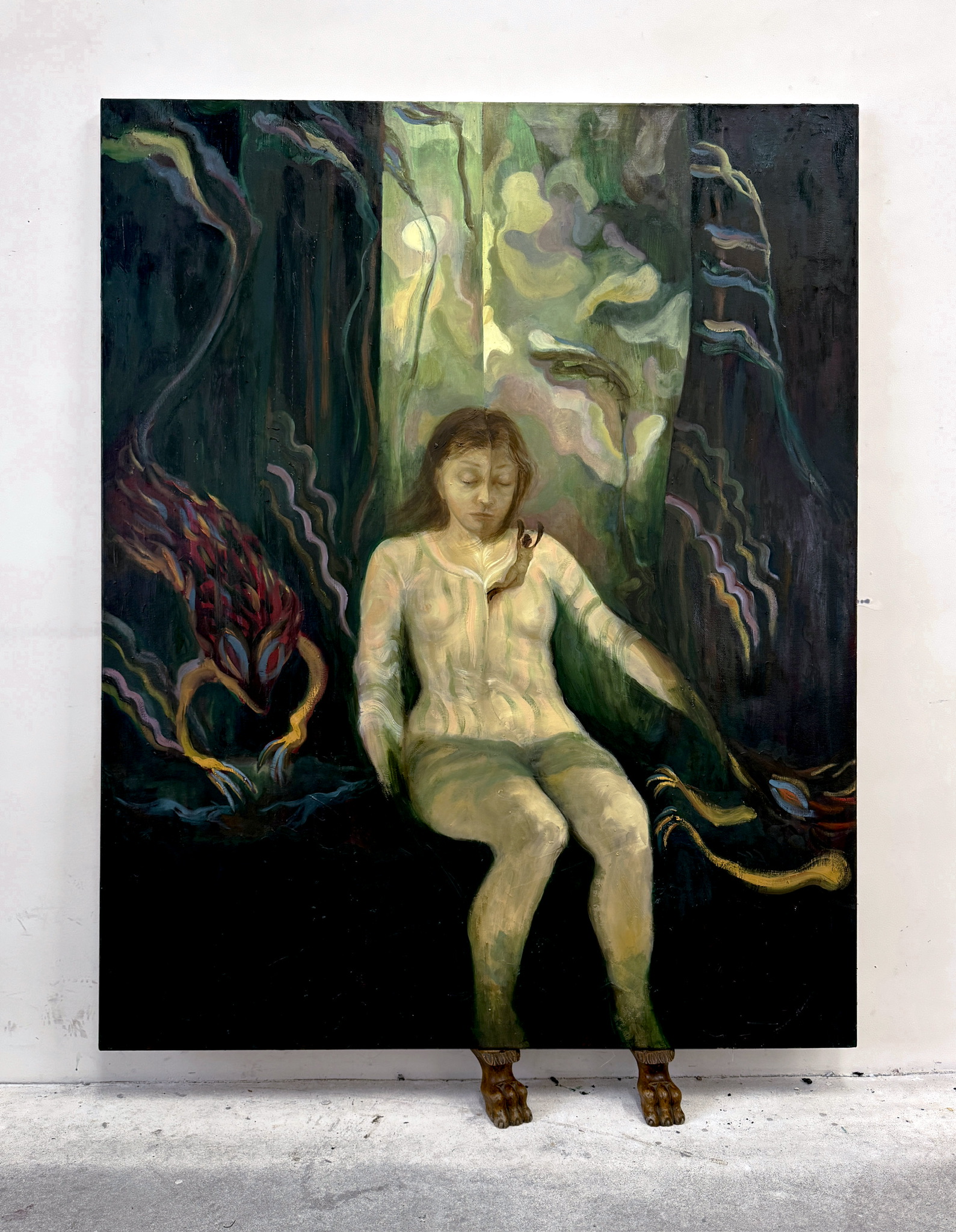 Painting by Emeli Theander showing a seated figure with animal-like forms in a dark green interior.