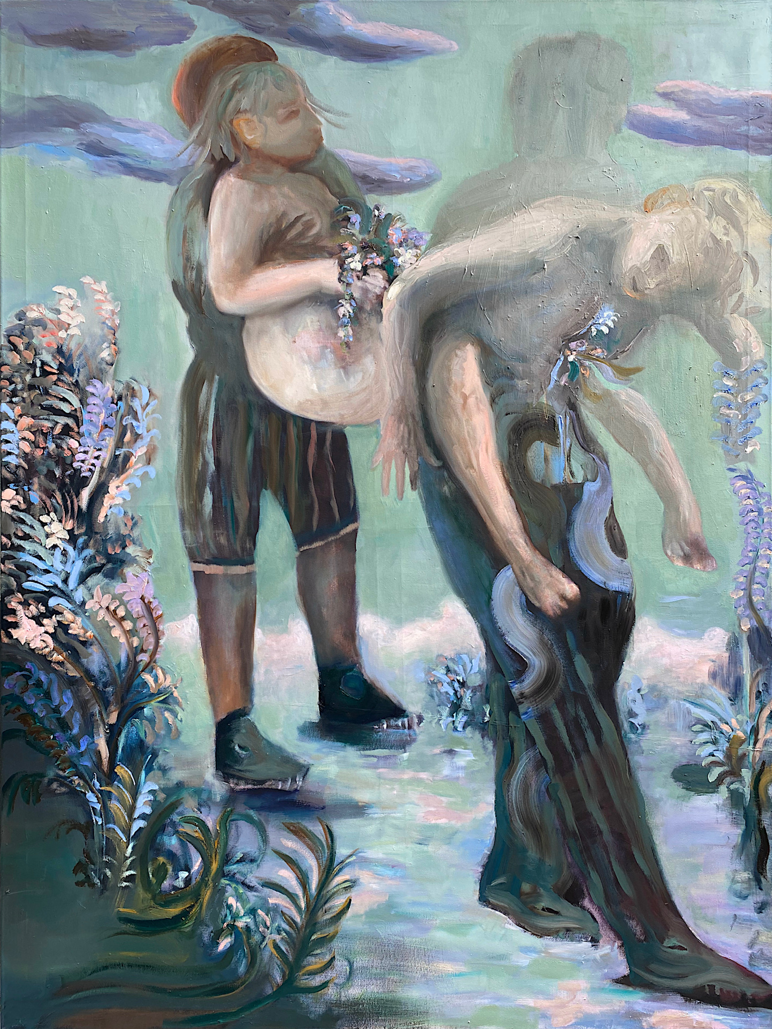 Painting by Emeli Theander showing two figures in a pale green landscape with flowers and shadow-like forms.