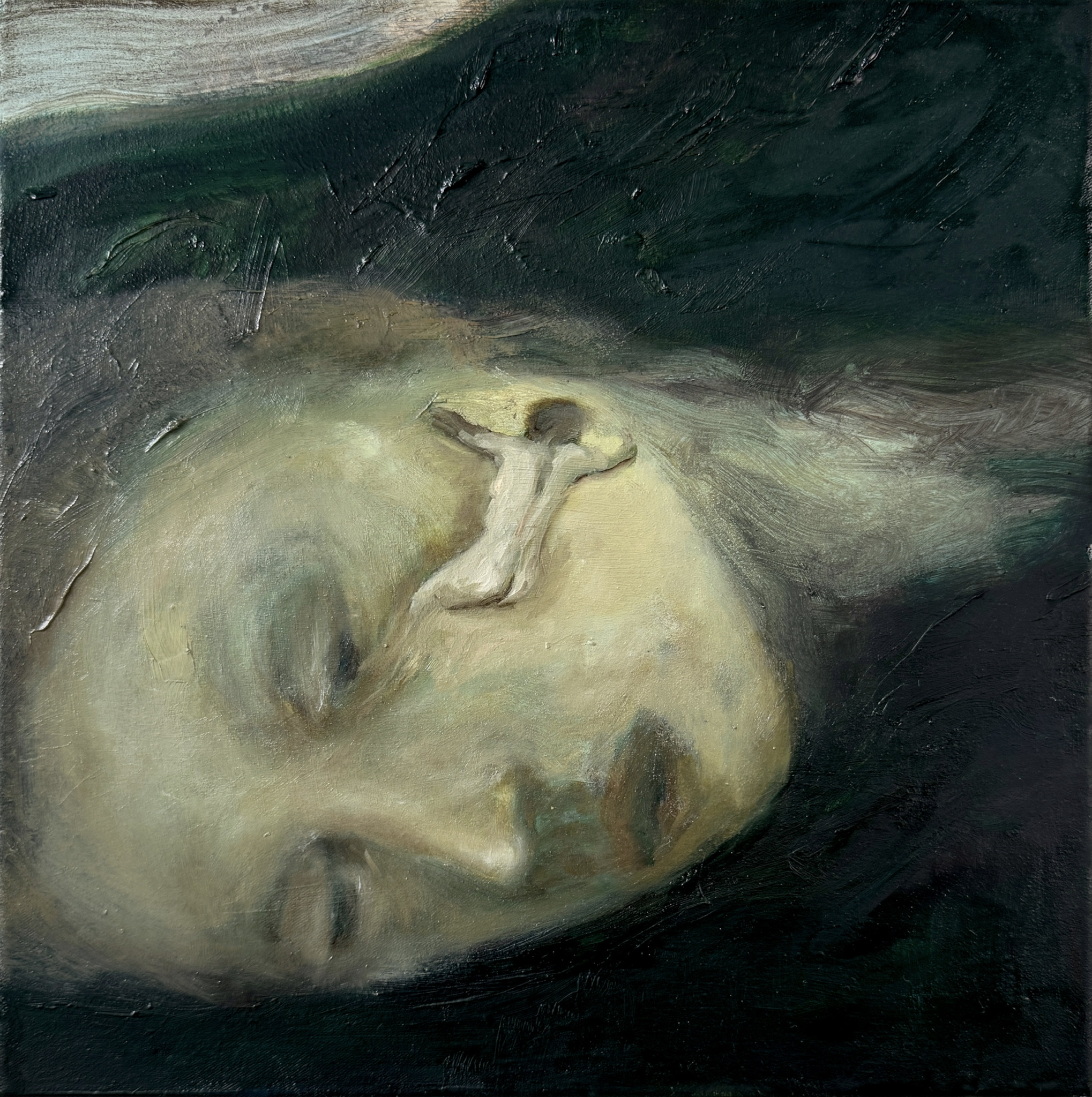 Painting by Emeli Theander showing a large face with a small figure resting across the nose.