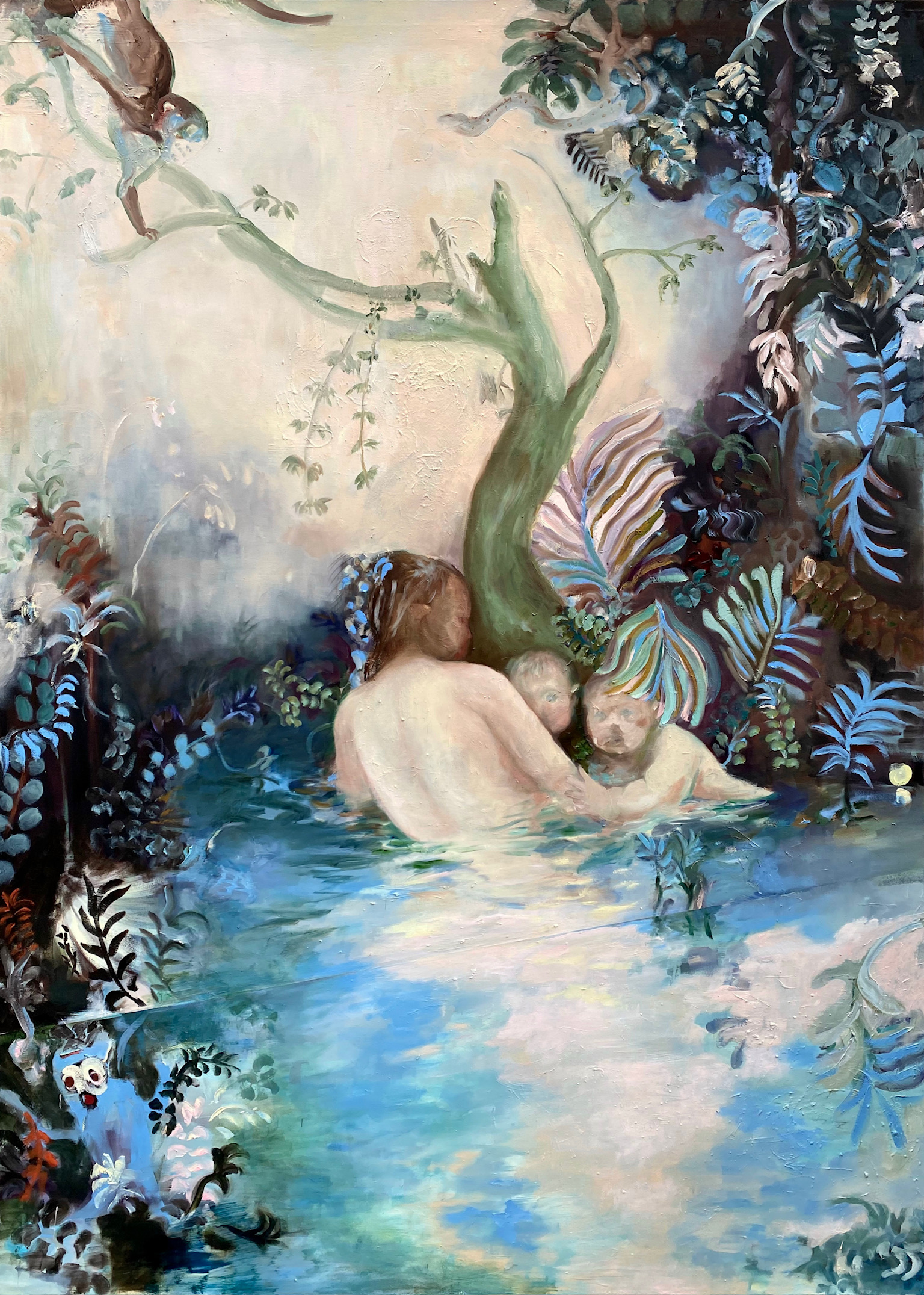 Painting by Emeli Theander showing a mother and two children in pale blue water surrounded by dense dreamlike foliage.