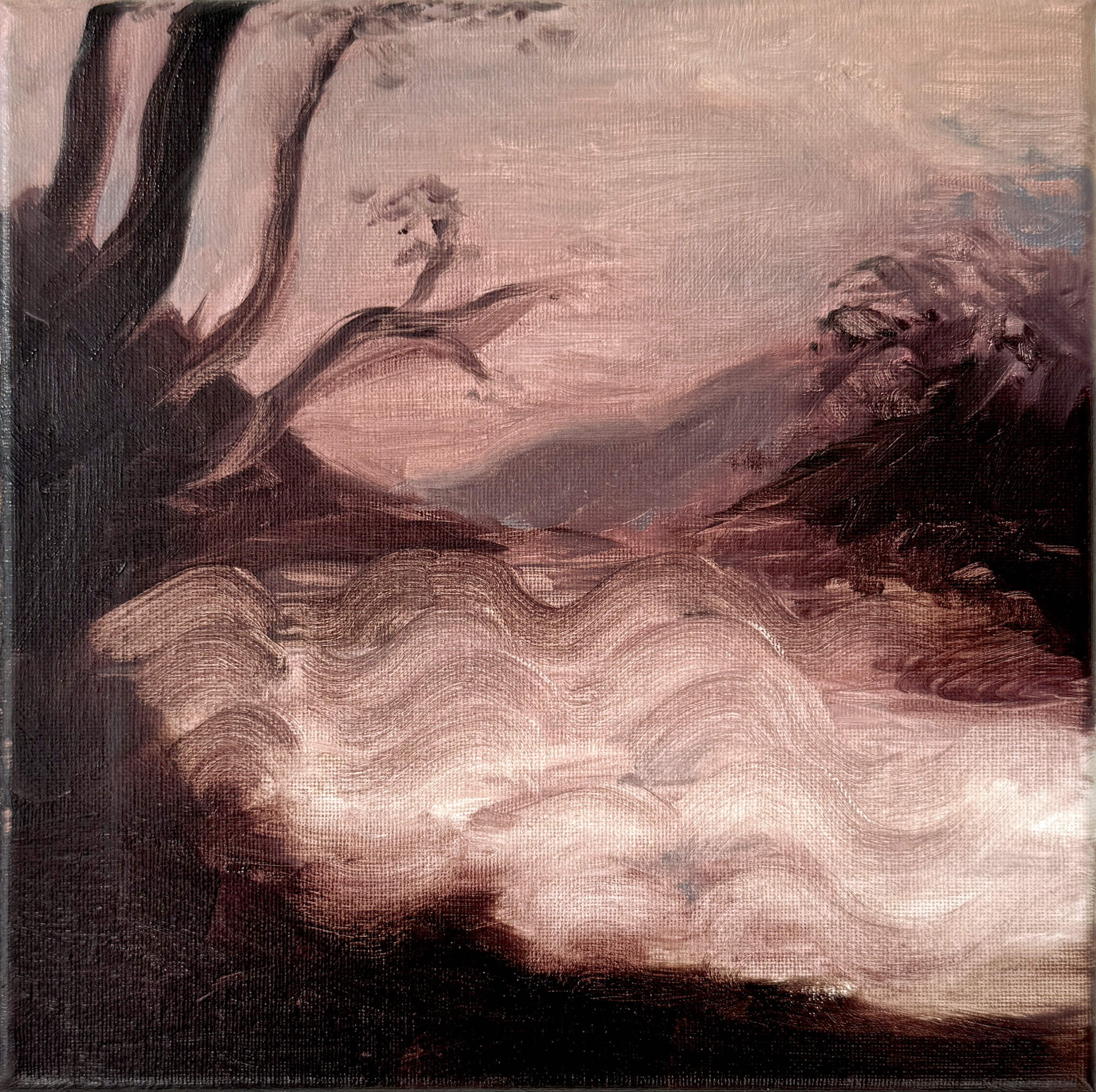Painting by Emeli Theander showing a dark wave-like landscape with a ghostly figure rising above the water.