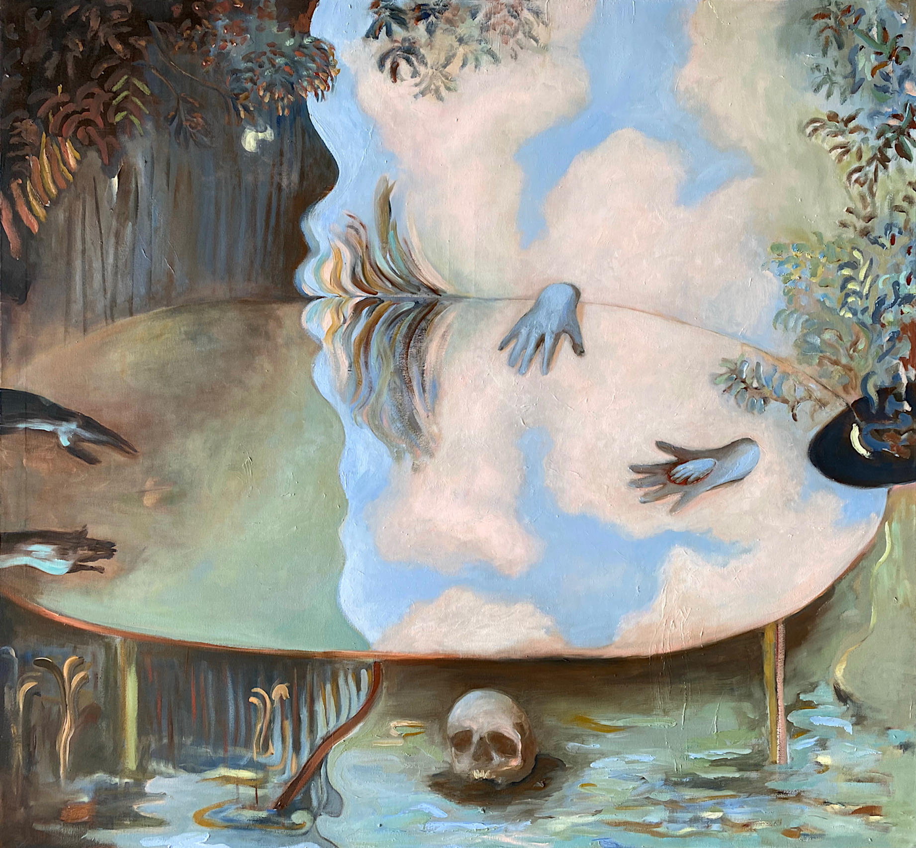 Painting by Emeli Theander showing a large tabletop-like form with hands, a skull and reflected figures in water.