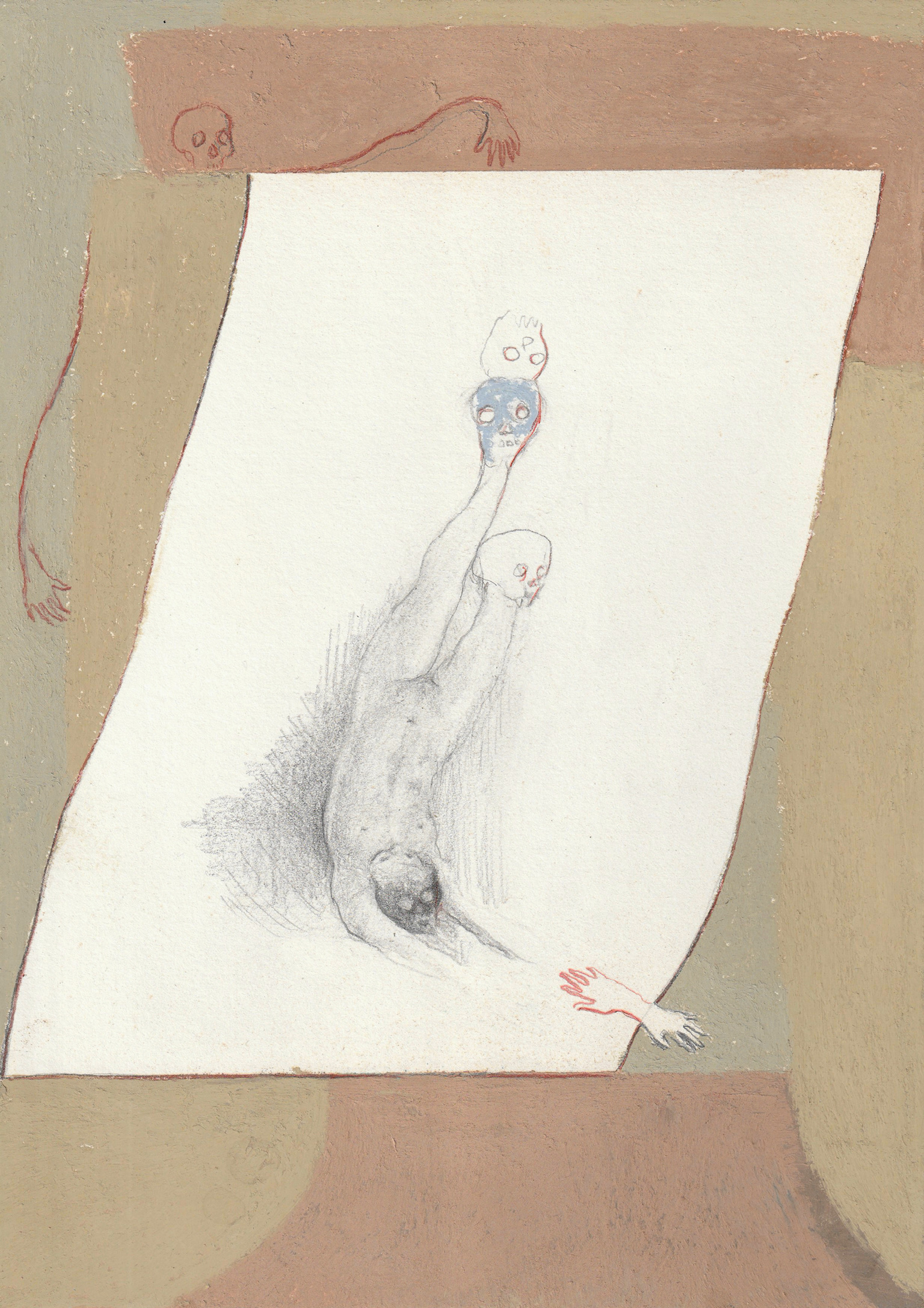 Work on paper by Emeli Theander showing a figure holding small mask-like heads on a large white sheet.