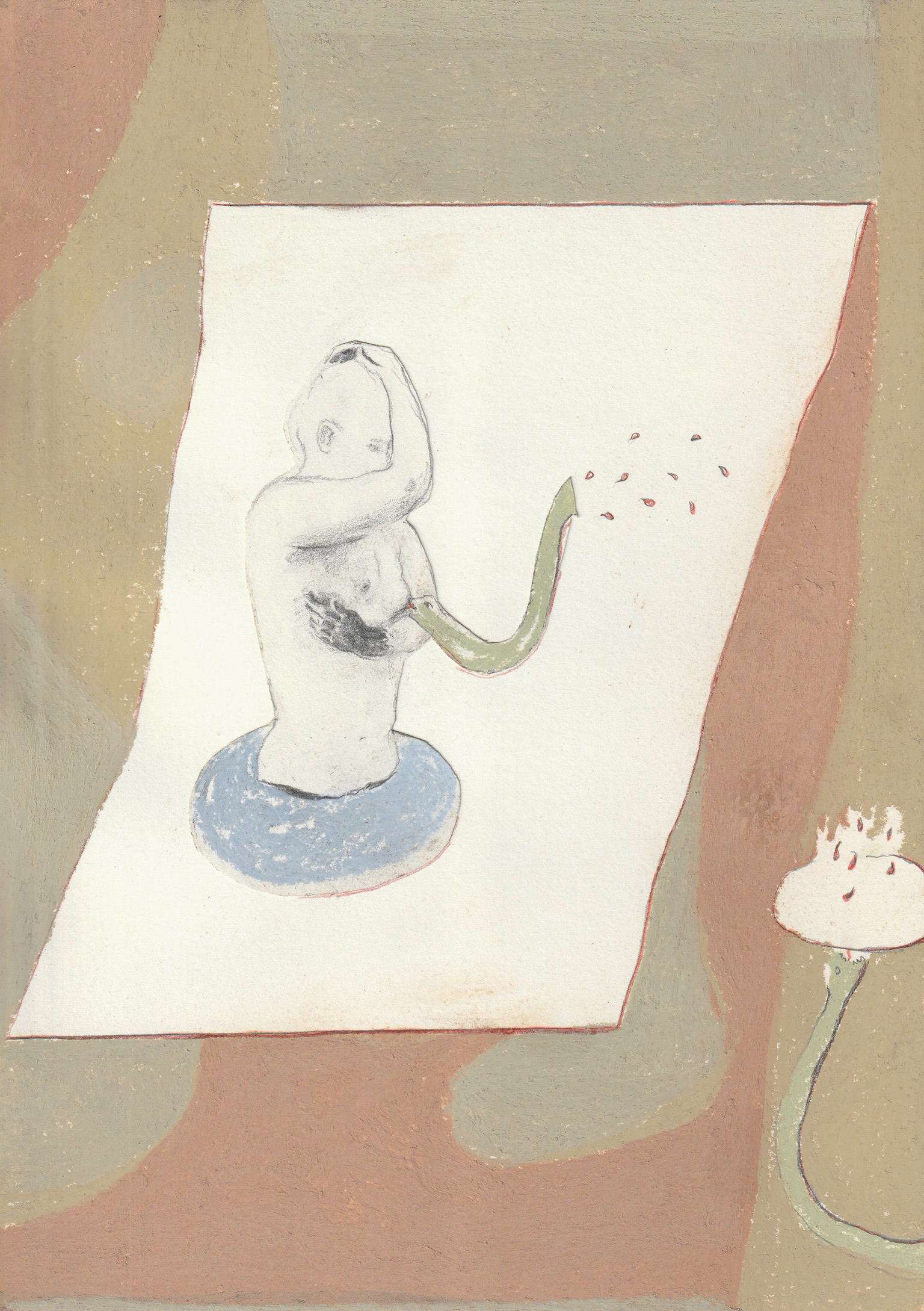 Work on paper by Emeli Theander showing a pale figure with a green arm on a large white sheet.