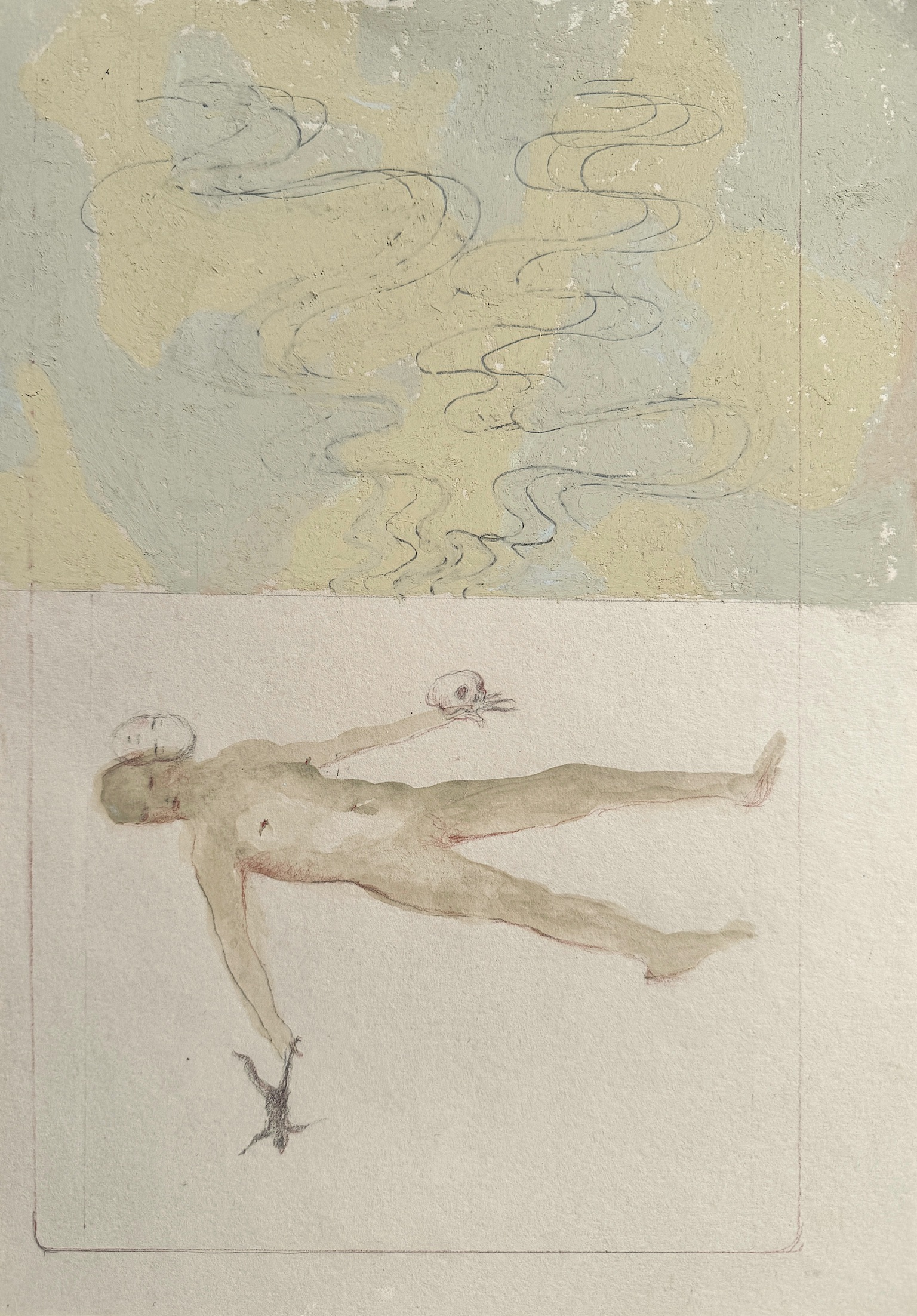 Work on paper by Emeli Theander showing a pale floating figure with loose hair-like lines and small objects in the hands.