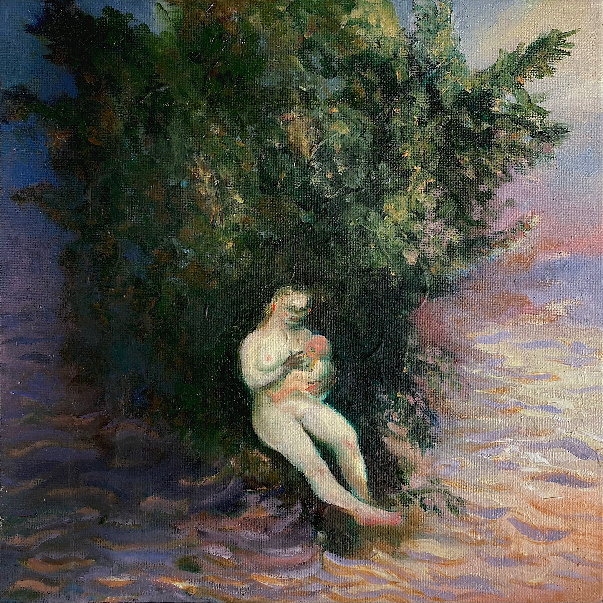 Painting by Emeli Theander showing a pale figure seated beside dark trees and reflective water at sunset.