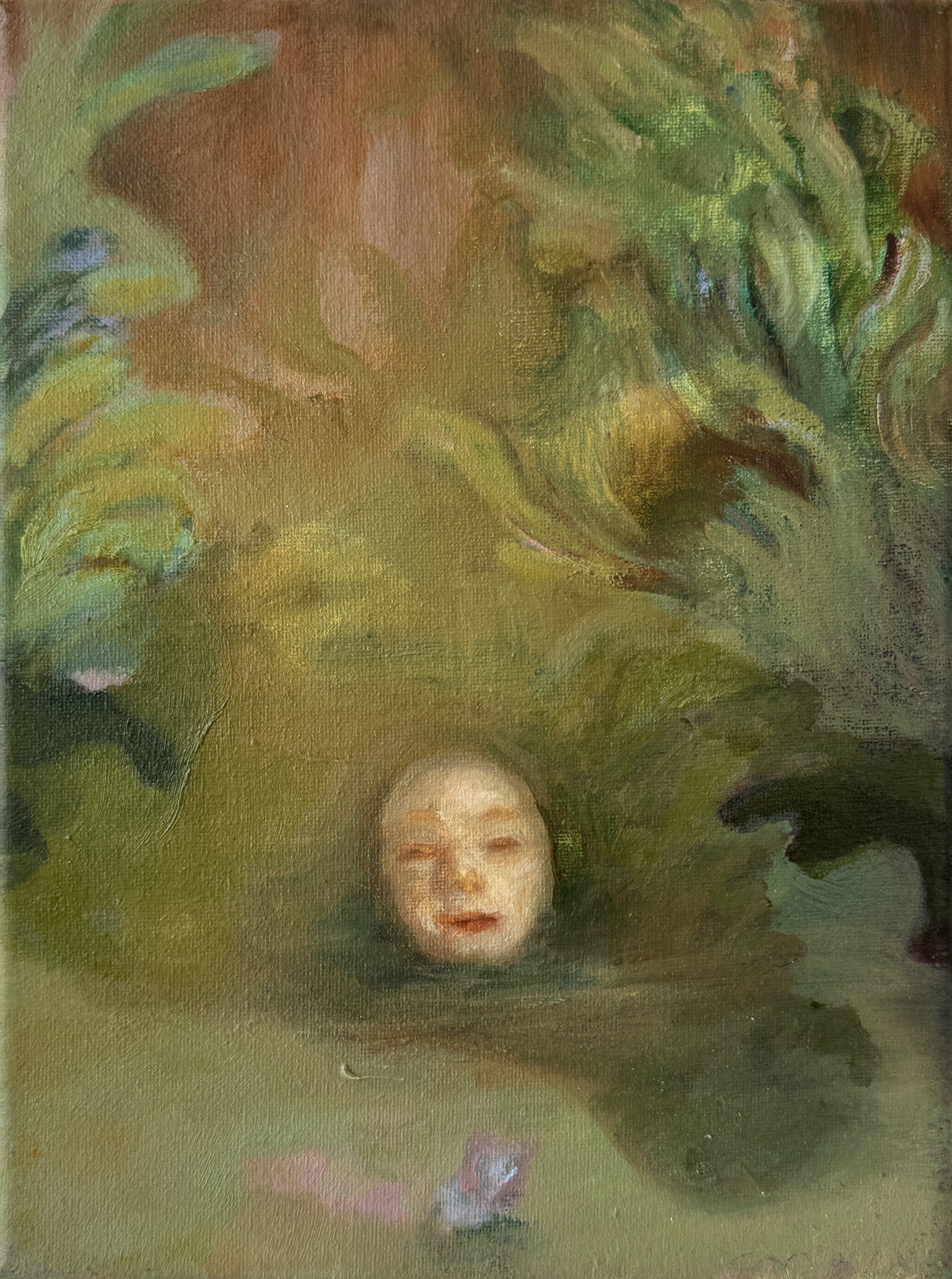 Painting by Emeli Theander showing a face emerging from dark green foliage and water.