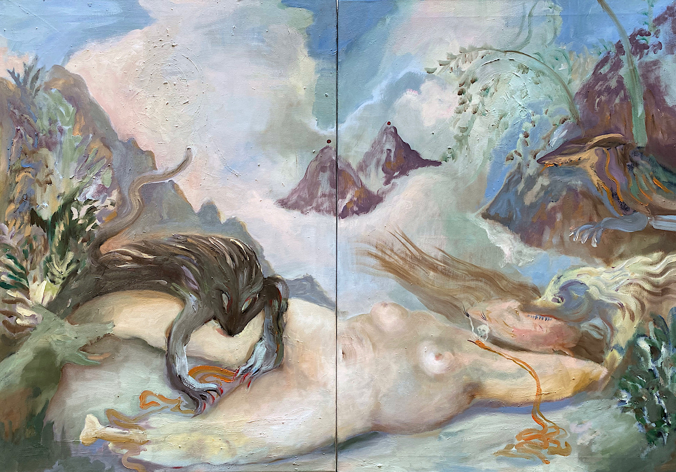 Diptych painting by Emeli Theander showing a reclining figure surrounded by animals, ghosts and mountain-like forms.