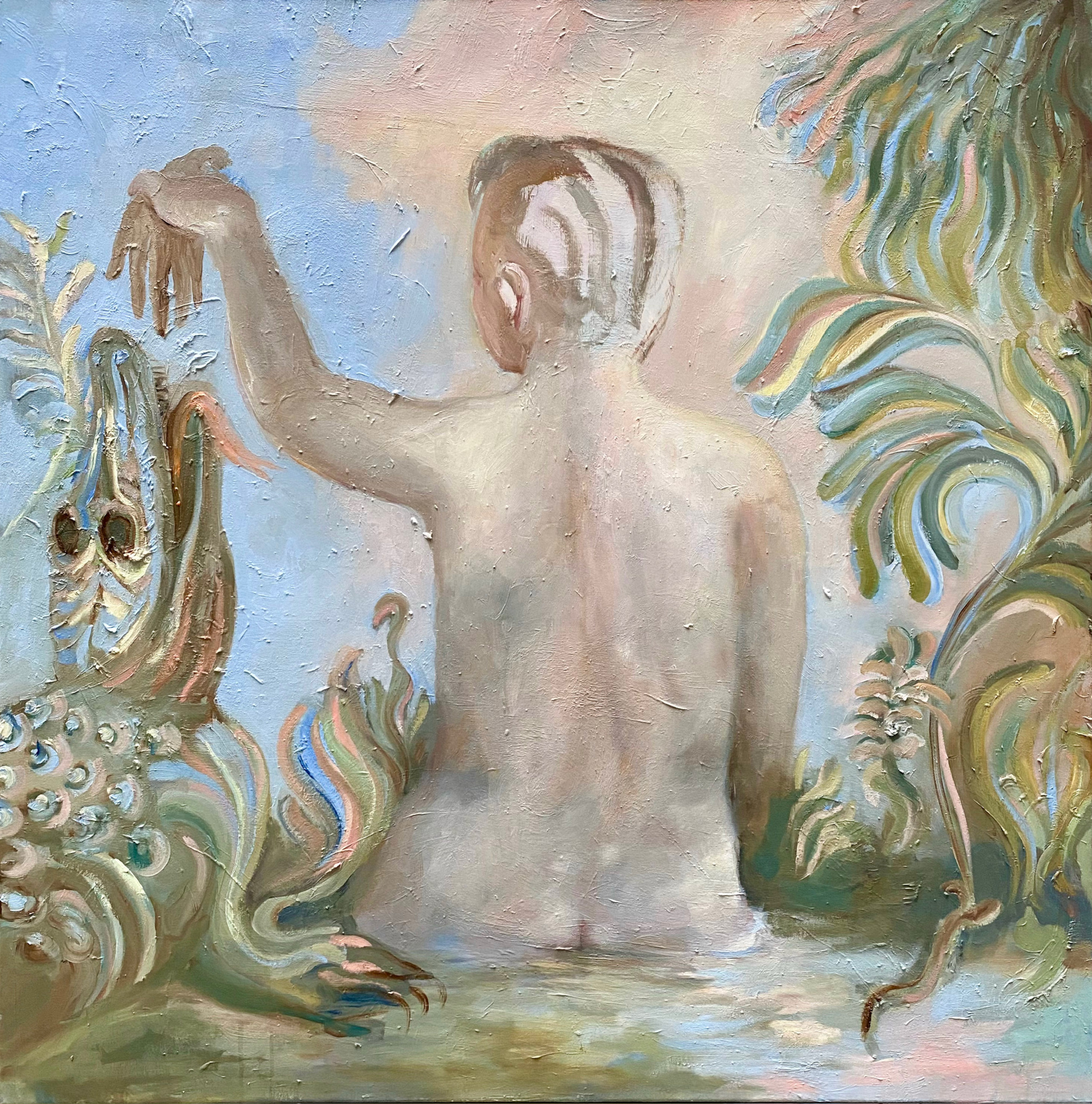 Painting by Emeli Theander showing a figure from behind in water with plants and crocodile-like forms nearby.