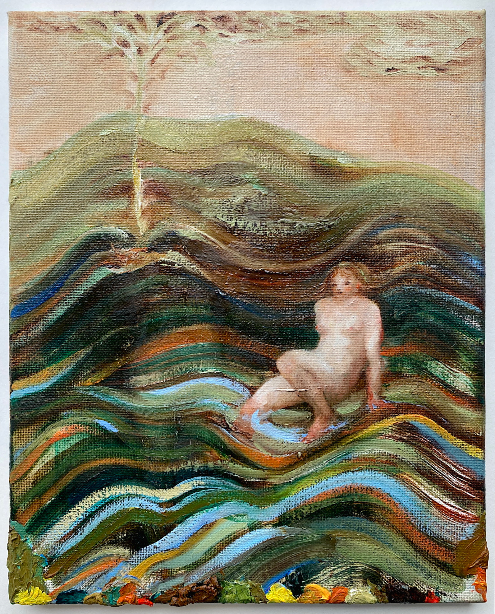 Painting by Emeli Theander showing a seated figure surrounded by dark green and multicoloured wave-like forms.