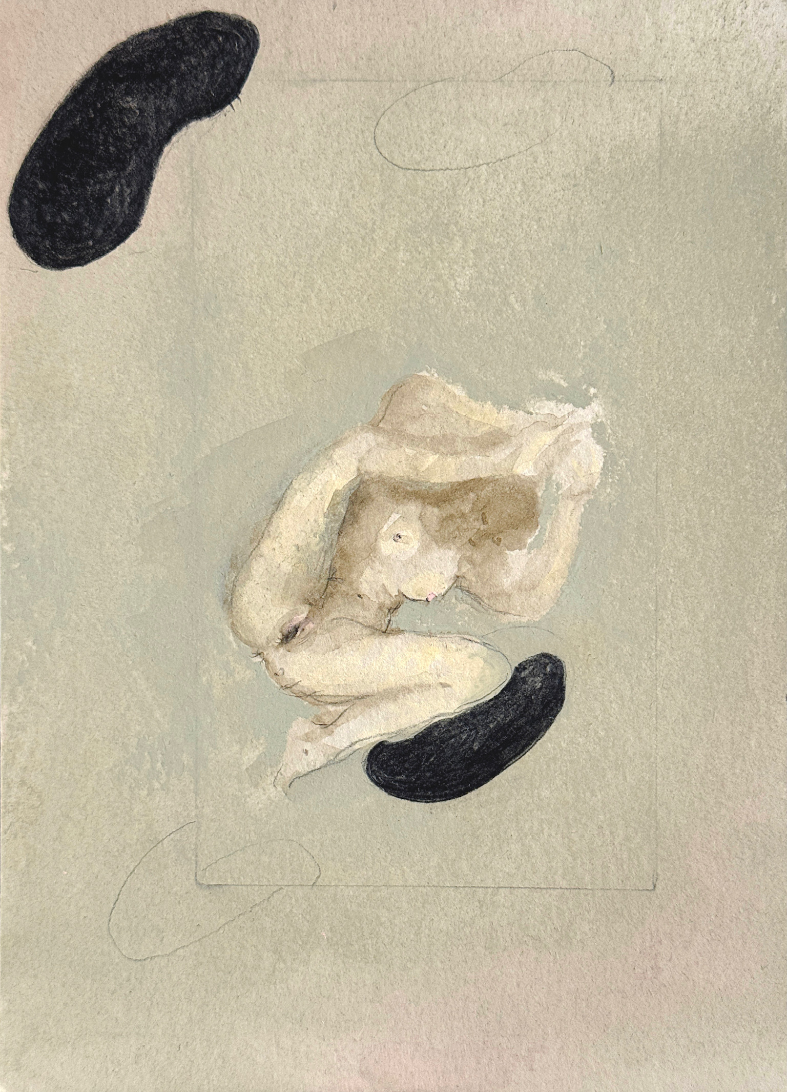 Work on paper by Emeli Theander showing a curled figure between two dark oval forms.