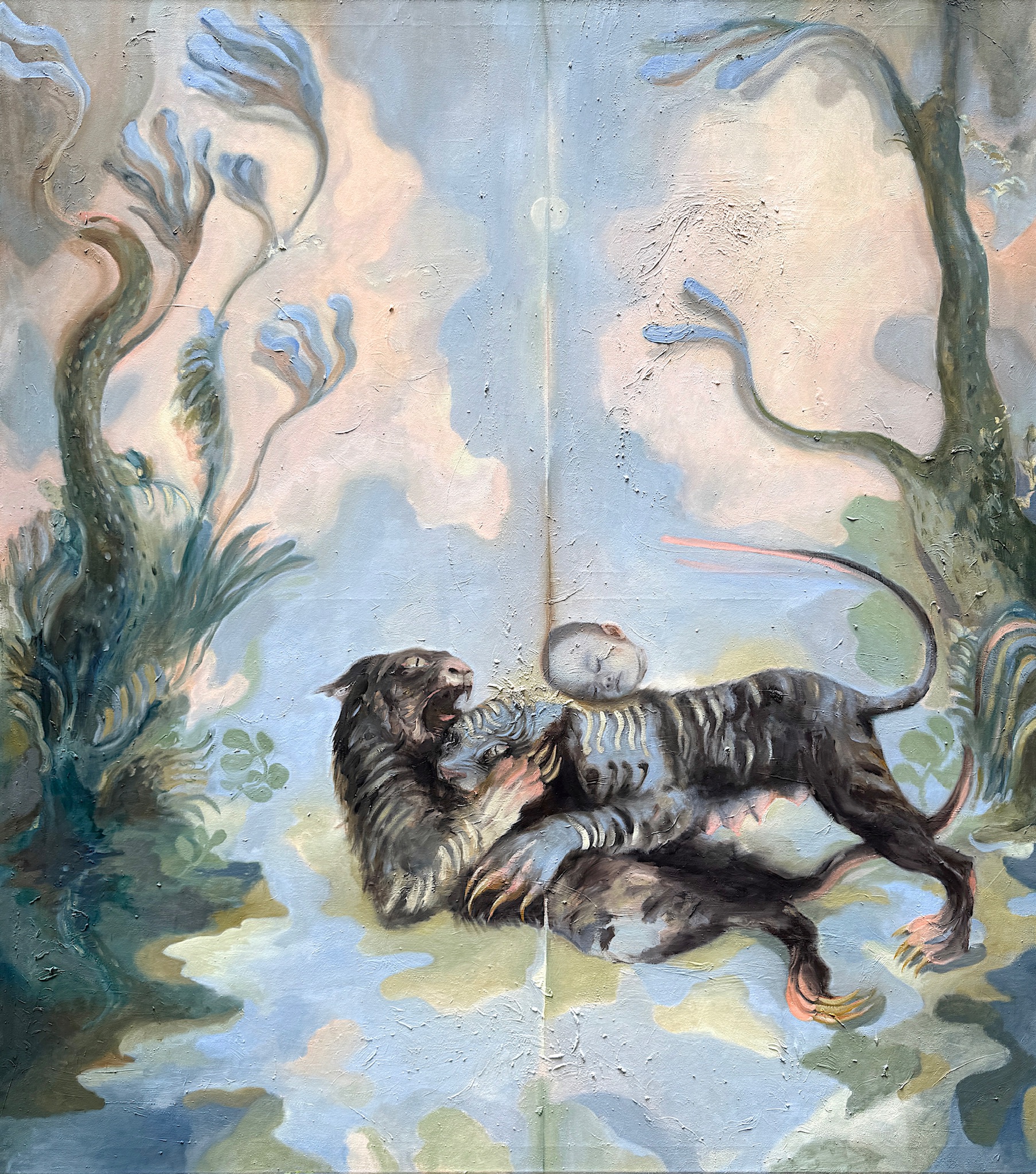 Painting by Emeli Theander showing two tiger-like creatures with a small head-like figure between them.