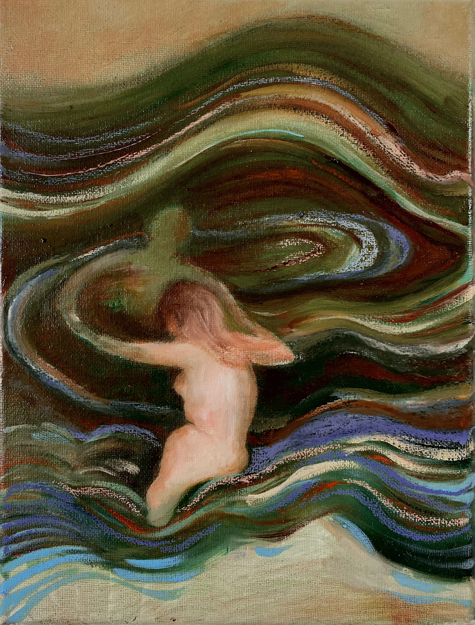 Painting by Emeli Theander showing a small figure surrounded by dark swirling wave-like forms.