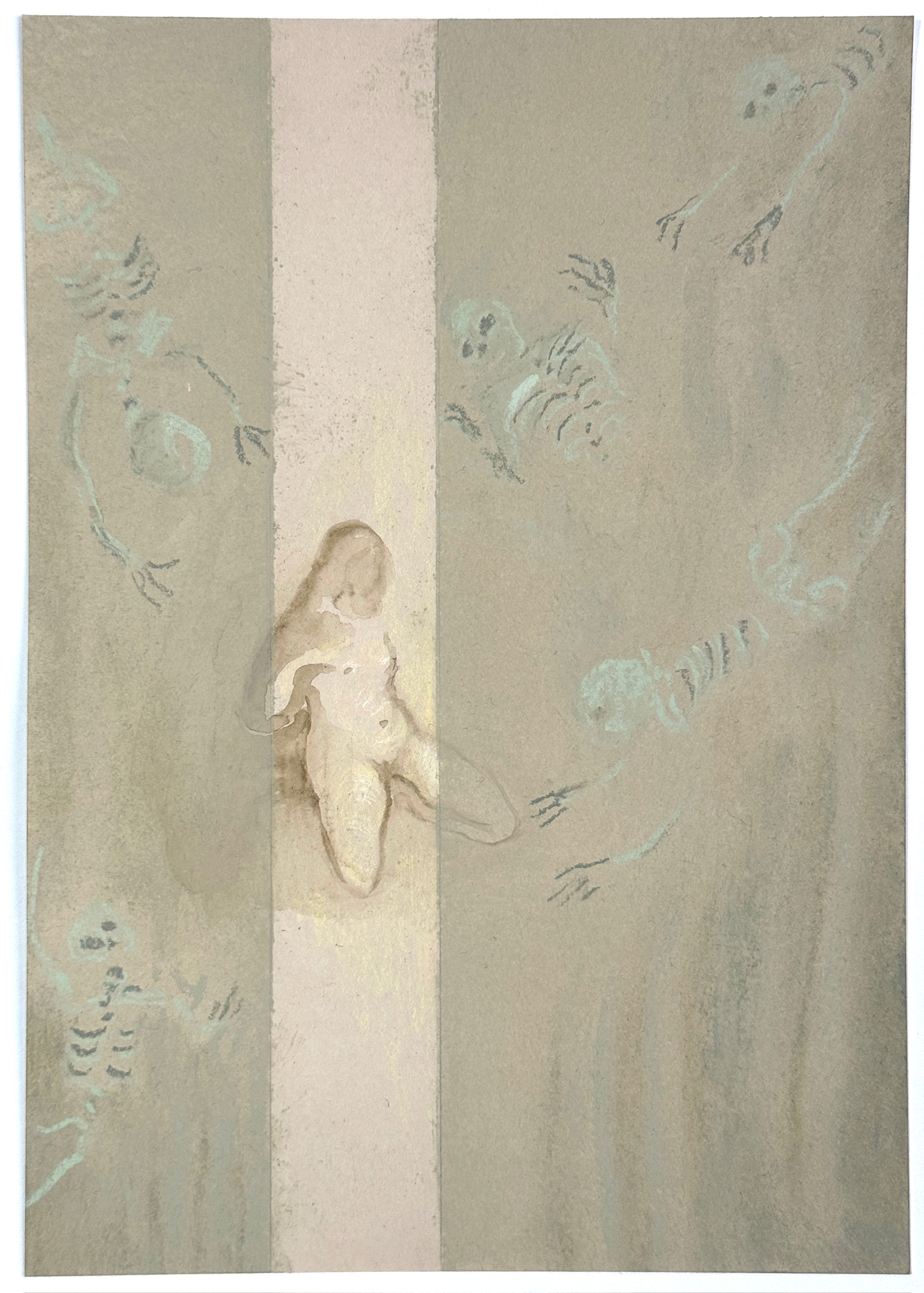 Work on paper by Emeli Theander showing a figure surrounded by pale ghostly skeletal forms.